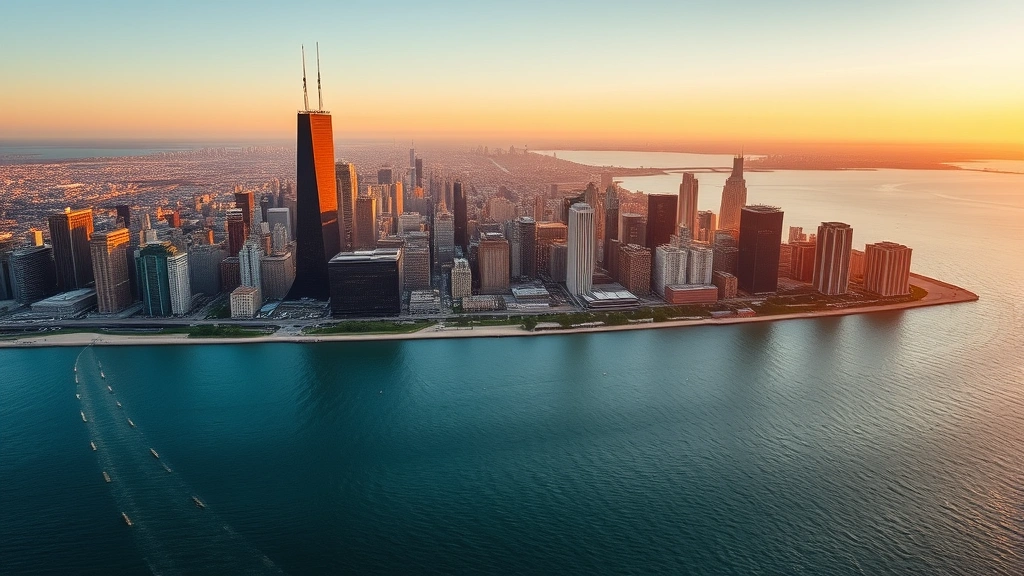 Aerial view of Chicago skyline with Lake Michigan during golden hour, professional cityscape photography with clear skies