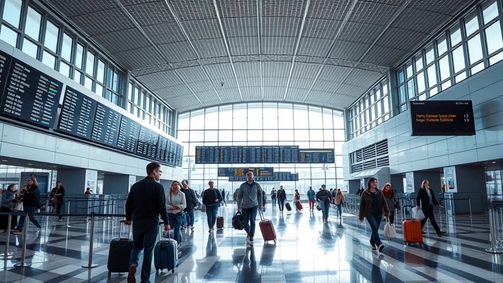 Modern airport terminal interior with departure boards, travelers with luggage, bright natural lighting through windows, bustling travel scene