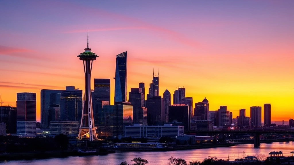 Houston skyline at sunset with Space Needle visible, downtown skyscrapers reflecting in water, vibrant evening colors and urban landscape