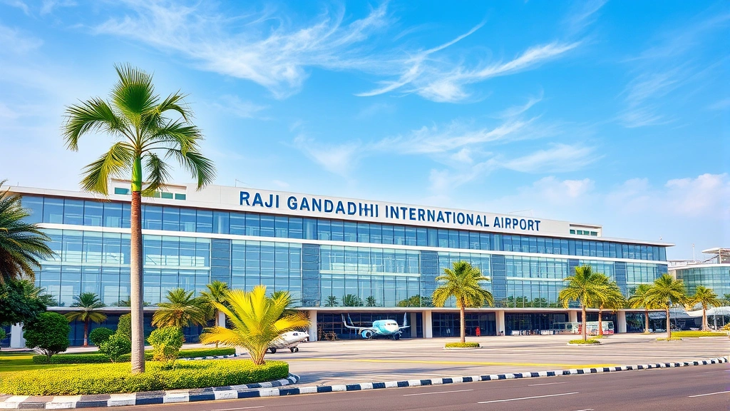 Rajiv Gandhi International Airport Hyderabad exterior with modern glass architecture, tropical landscaping, aircraft visible on tarmac, blue sky, contemporary terminal building design showcasing Indian modern infrastructure