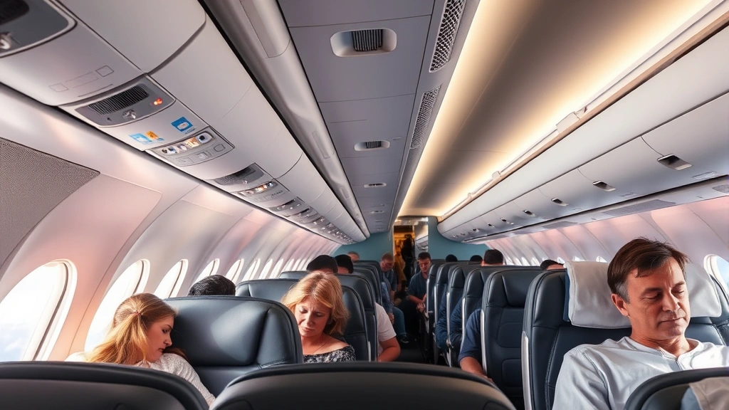 Aircraft cabin interior during flight showing comfortable seating arrangement, overhead bins, window seat view of clouds and distant landscape, modern aircraft interior lighting, travelers in various states of rest and comfort