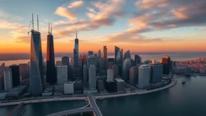 Aerial view of Chicago skyline at sunset with Lake Michigan, modern skyscrapers reflecting golden light, urban landscape photography