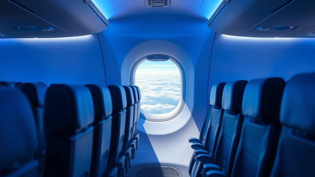 Modern commercial aircraft cabin interior with rows of seats, blue mood lighting, window showing clouds at cruising altitude, contemporary aircraft design