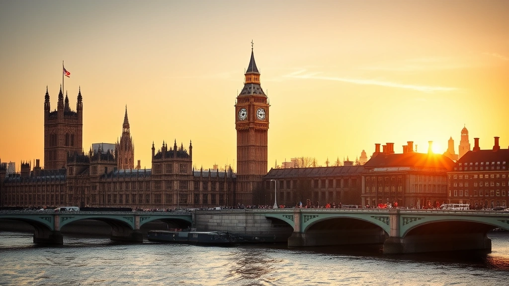 London cityscape featuring Big Ben and Houses of Parliament, Thames River in foreground, historic architecture, golden hour photography, iconic landmarks