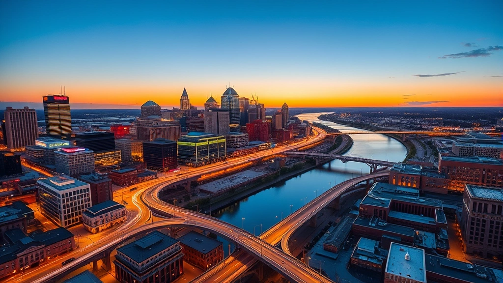 Aerial view of Nashville skyline at sunset with the Cumberland River winding through downtown, Broadway lights glowing, colorful buildings and modern architecture visible, golden hour lighting