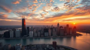 Aerial view of Chicago skyline at sunset with Lake Michigan reflecting golden light, downtown skyscrapers silhouetted against colorful sky, no text or signage visible
