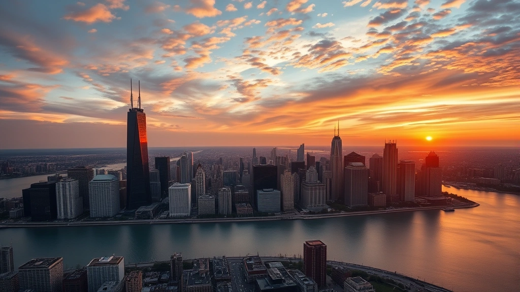 Aerial view of Chicago skyline at sunset with Lake Michigan reflecting golden light, downtown skyscrapers silhouetted against colorful sky, no text or signage visible