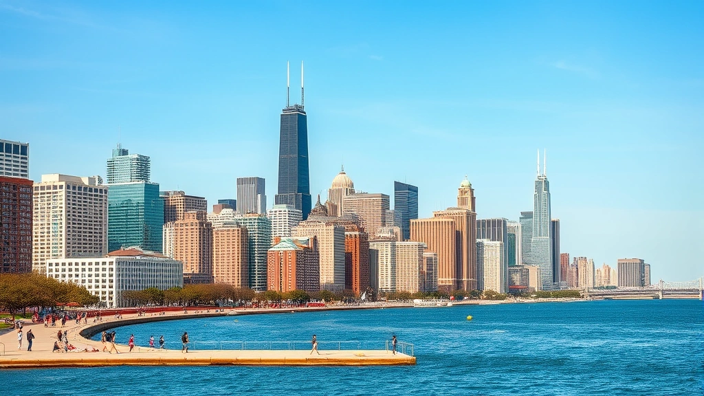 Chicago's Lake Michigan shoreline with downtown skyline in background, blue water reflecting buildings, people enjoying waterfront, architectural diversity visible across skyline