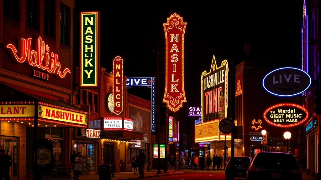 Nashville honky-tonk district at night with neon signs glowing, live music venue storefronts, energetic street scene with pedestrians, no readable text or street names