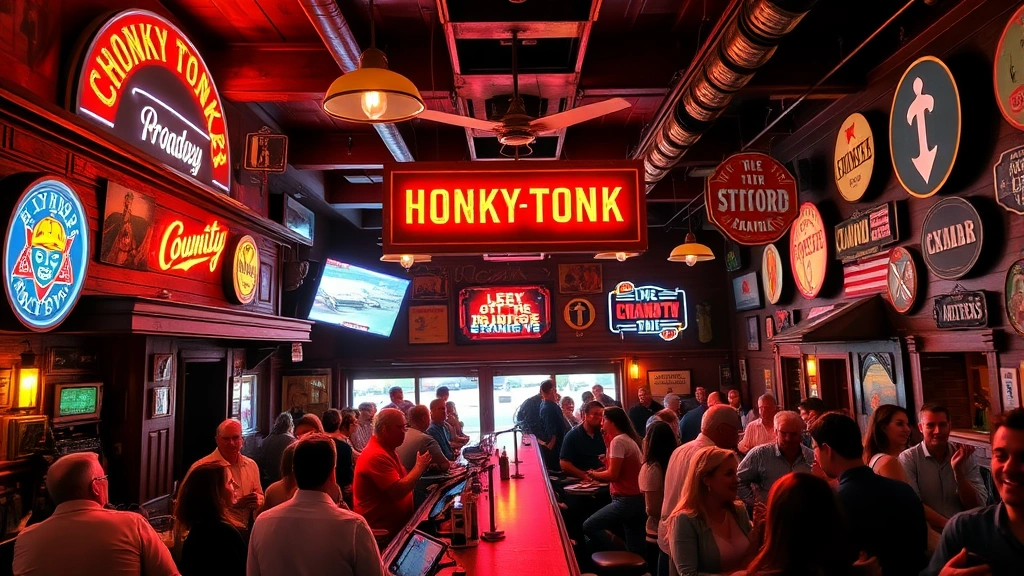 Nashville honky-tonk bar interior on Broadway with neon signs, wooden bar, vintage country memorabilia on walls, warm amber lighting, crowds of happy travelers enjoying live music