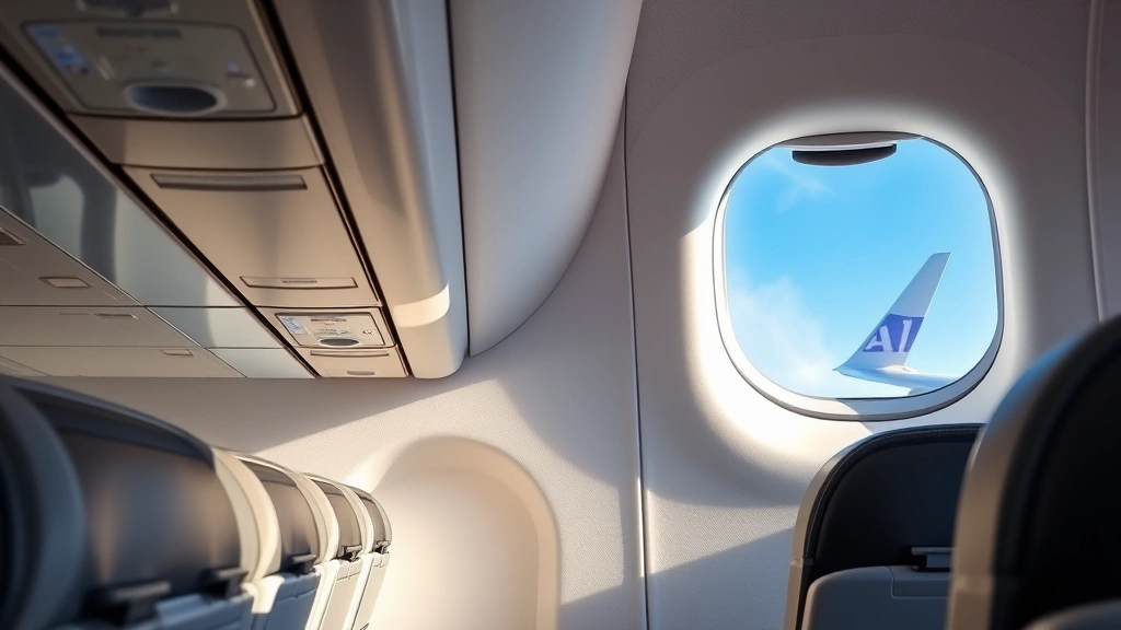 Interior of modern airplane cabin showing empty passenger seats with overhead bins, window seat with wing visible against blue sky, clean professional airline environment