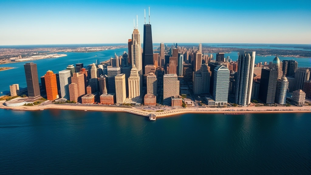 Aerial view of Chicago skyline with Lake Michigan, modern skyscrapers gleaming in sunlight, downtown cityscape, clear blue sky, professional travel photography