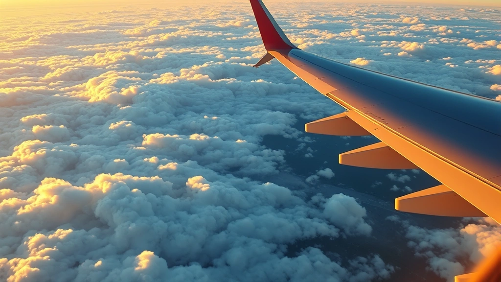 Airplane wing over clouds during golden hour flight, scenic aerial perspective, blue sky and white cumulus clouds, journey and travel concept, photorealistic