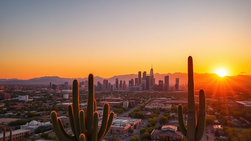 Aerial view of Phoenix skyline at sunset with desert mountains in background, warm golden hour lighting, modern downtown buildings reflecting orange sky, saguaro cacti visible in foreground