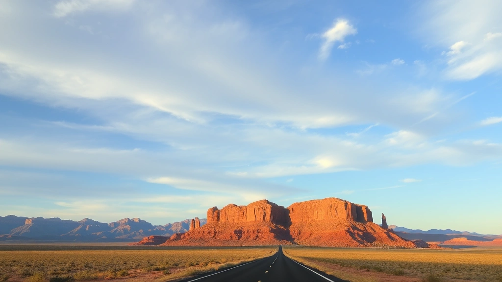 Desert landscape between Chicago and Phoenix showing vast Arizona terrain, mountains, red rock formations, open highway stretching to horizon, blue sky with white clouds, golden hour lighting