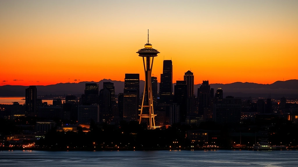 Seattle Space Needle and downtown skyline with Puget Sound water in foreground during golden hour sunset, vibrant city lights beginning to illuminate, Pacific Northwest landscape
