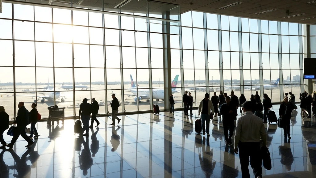 Chicago O'Hare International Airport modern terminal interior with travelers walking, large windows showing planes on tarmac, contemporary architecture and natural light streaming in