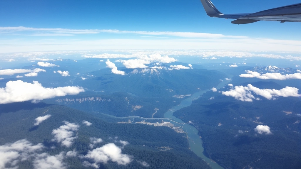 Aerial view of Pacific Northwest landscape between Chicago and Seattle showing diverse terrain: mountains, evergreen forests, rivers, and clouds at cruising altitude during daytime