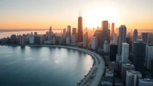 Aerial view of Chicago skyline with Lake Michigan at sunrise, modern downtown buildings reflecting morning light, no text or signs visible