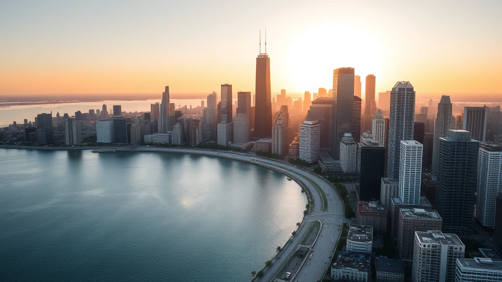 Aerial view of Chicago skyline with Lake Michigan at sunrise, modern downtown buildings reflecting morning light, no text or signs visible