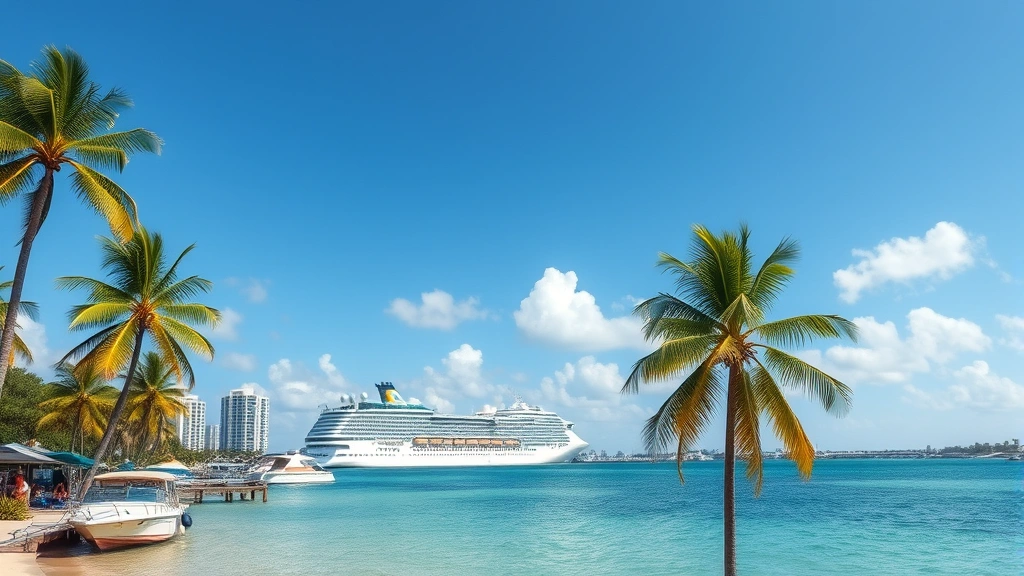 Tampa Bay waterfront with cruise ships, palm trees, and turquoise water under blue sky, tropical beach destination aesthetic