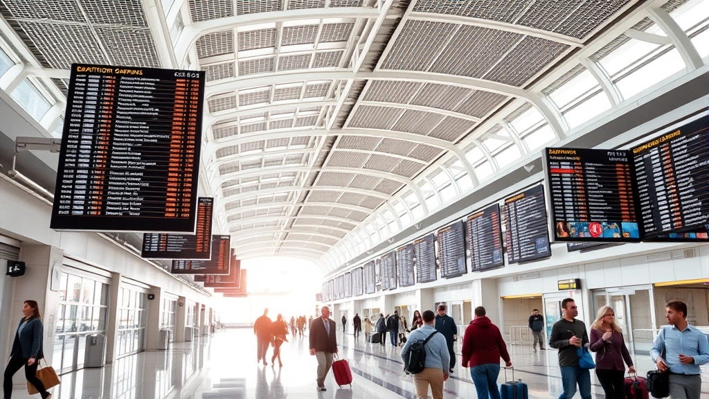 Modern airport terminal interior with departure boards, travelers with luggage, bright natural lighting, contemporary architecture, no readable text