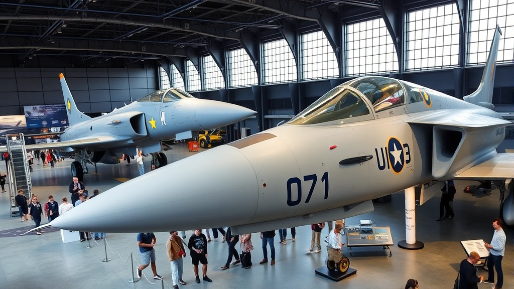 Aviation museum exhibition space displaying historical and modern fighter aircraft side by side, visitors viewing detailed aircraft exhibits, aerospace technology and engineering displays in professional museum setting