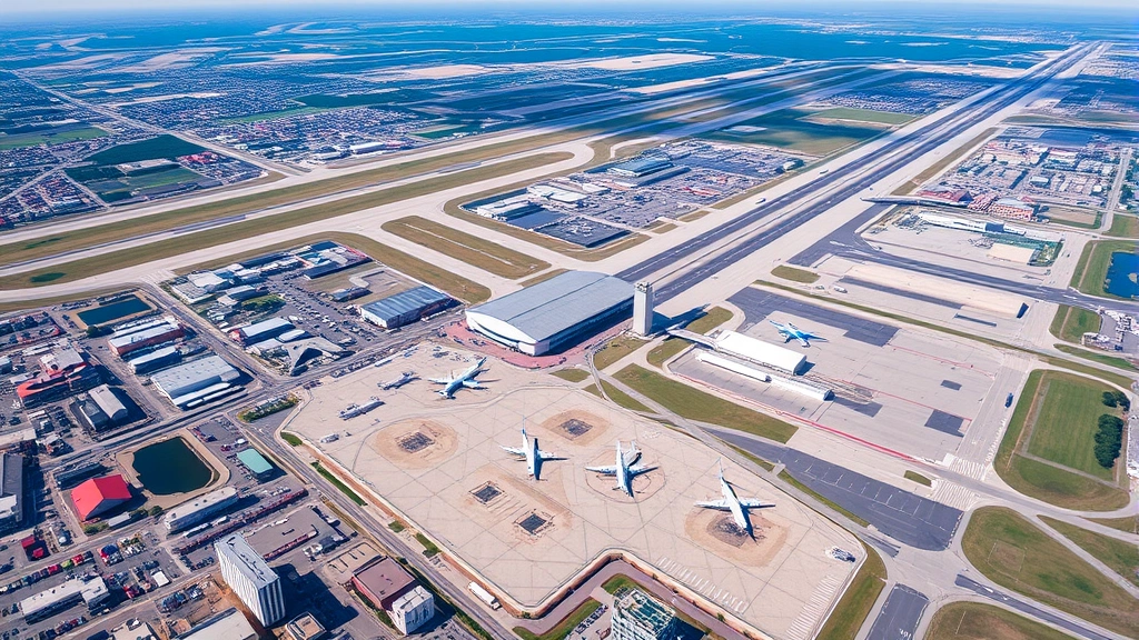 Aerial view of Cleveland Hopkins International Airport with runways and taxiway infrastructure, bright daylight, professional aviation photography