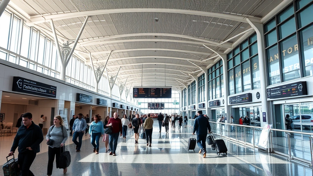 Hartsfield-Jackson Atlanta International Airport departure hall with modern architecture, travelers walking, natural lighting, bustling international hub atmosphere