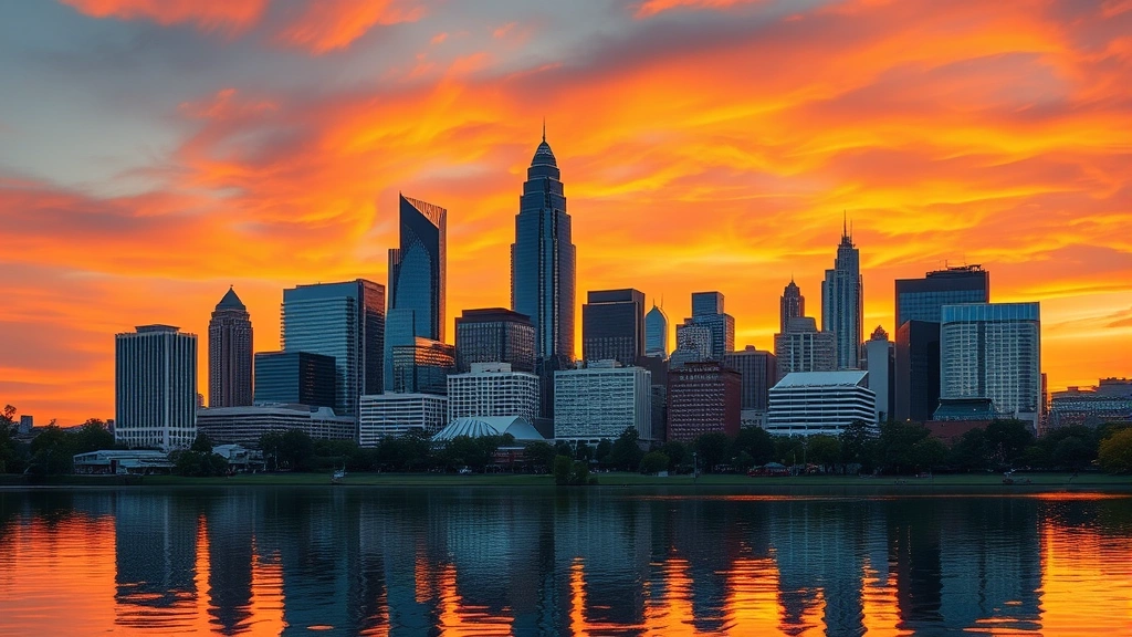 Atlanta skyline at golden hour sunset with downtown skyscrapers reflected in water, colorful sky, vibrant urban landscape photography