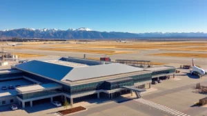 Aerial view of Bozeman Yellowstone International Airport terminal with mountains in background, modern architecture, sunny day, runway visible in distance