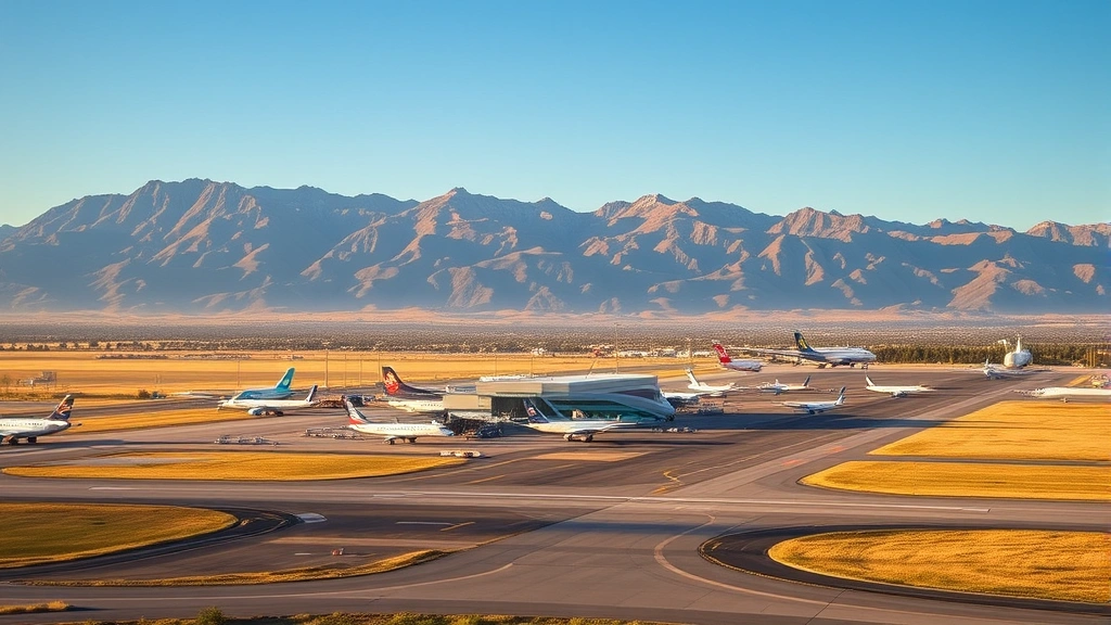 Aerial view of Bozeman Gallatin International Airport with mountain range backdrop, commercial planes on tarmac, morning light, Montana landscape
