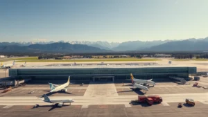 Aerial view of a modern airport terminal building with mountains in the background, commercial aircraft at gates, sunny day, wide-angle perspective showing the full facility and surrounding landscape