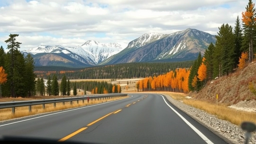 Scenic driving road through Yellowstone National Park with geothermal features visible, mountain vista, autumn colors, travel preparation mood