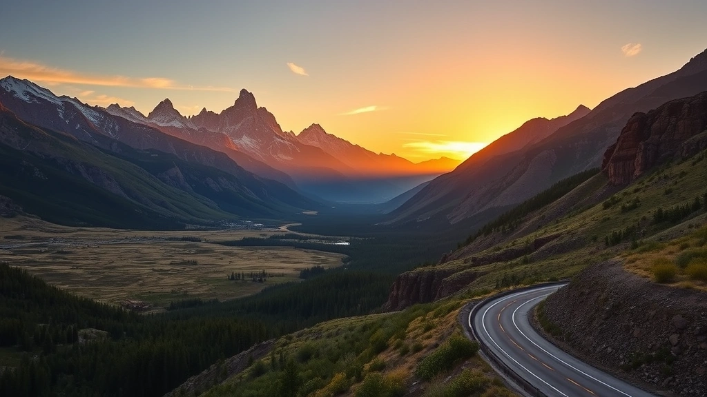 Jackson Hole mountain valley landscape with Grand Teton peaks, winding highway, sunset golden hour, adventure travel destination aesthetic