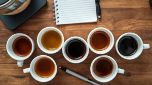 Overhead view of five small white ceramic cups arranged in a line on a wooden counter, each containing different shades of coffee from light tan to dark brown, professional coffee tasting setup with notebook and pen beside cups