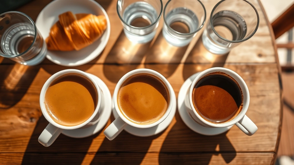 Top-down view of three white ceramic cups containing different coffee roasts from light to dark brown, arranged on a wooden table with water glasses and fresh croissants, sunlit café setting with blurred background