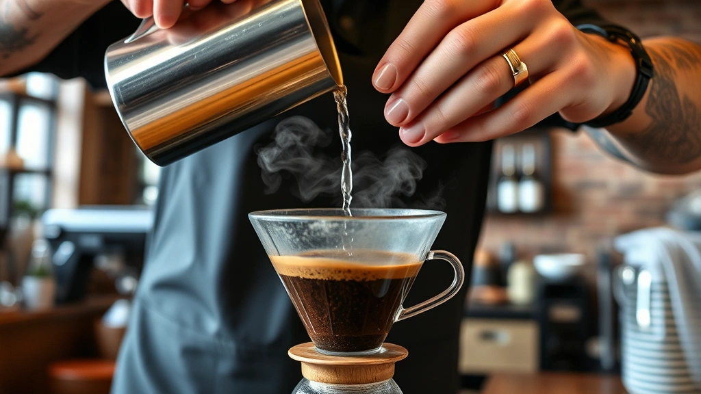 Close-up of a barista's hands pouring hot water over coffee grounds in a pour-over dripper, steam rising, specialty café interior with exposed brick visible, professional and warm atmosphere