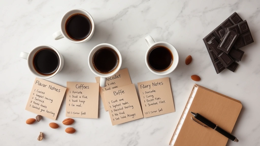 Aerial view of a complete coffee flight tasting setup with five small white cups, flavor notes written on kraft paper cards, dark chocolate pieces, almonds, and a small notebook with pen on marble countertop