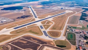 Aerial view of Blue Grass Airport Lexington Kentucky with parallel runways visible from above, clear weather conditions, runway markings and taxiways clearly visible, professional aviation photography