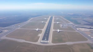 Aerial view of Blue Grass Airport Lexington Kentucky with multiple runways visible from above, clear weather conditions, runway markings and taxiways clearly visible, professional aviation photography