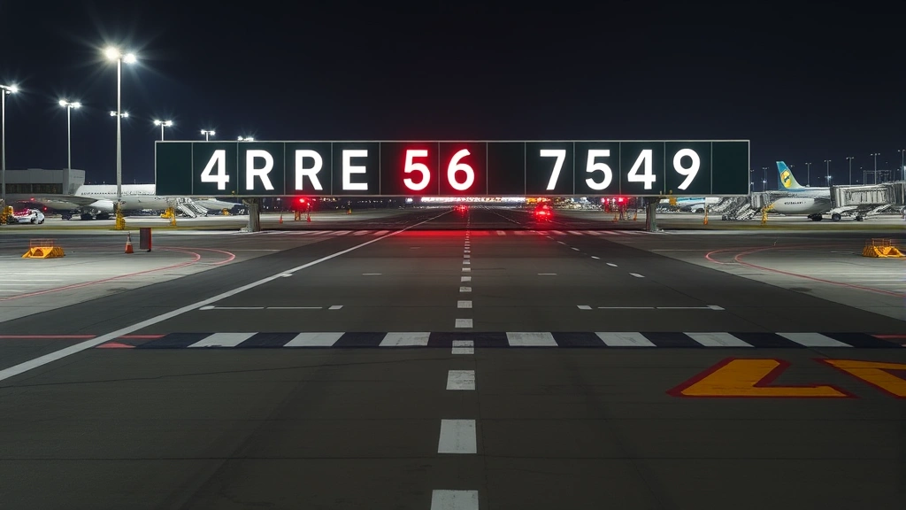Modern airport runway identification signage system with bright LED lighting and large clear numbers at night, professional airport infrastructure photography, safety equipment visible