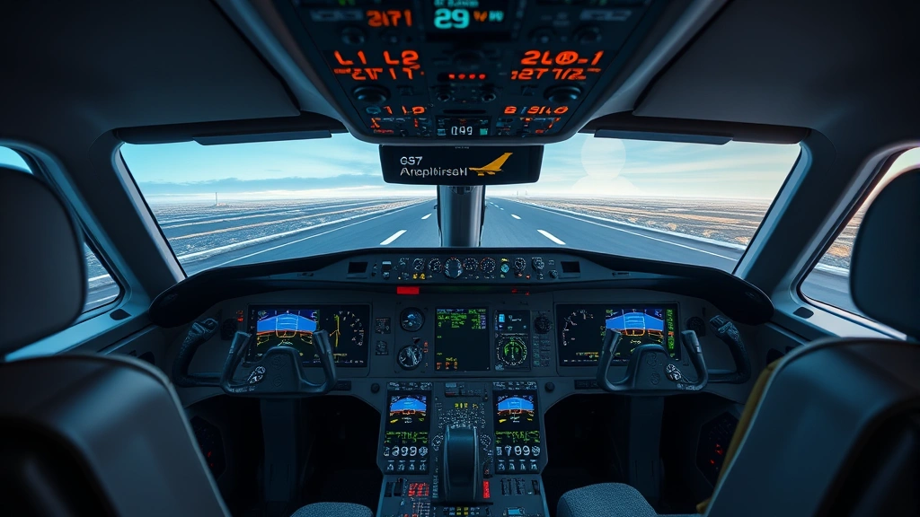 Modern aircraft cockpit interior showing pilot controls and runway information displays, realistic detailed instrument panels and screens, professional aviation photography, no text visible