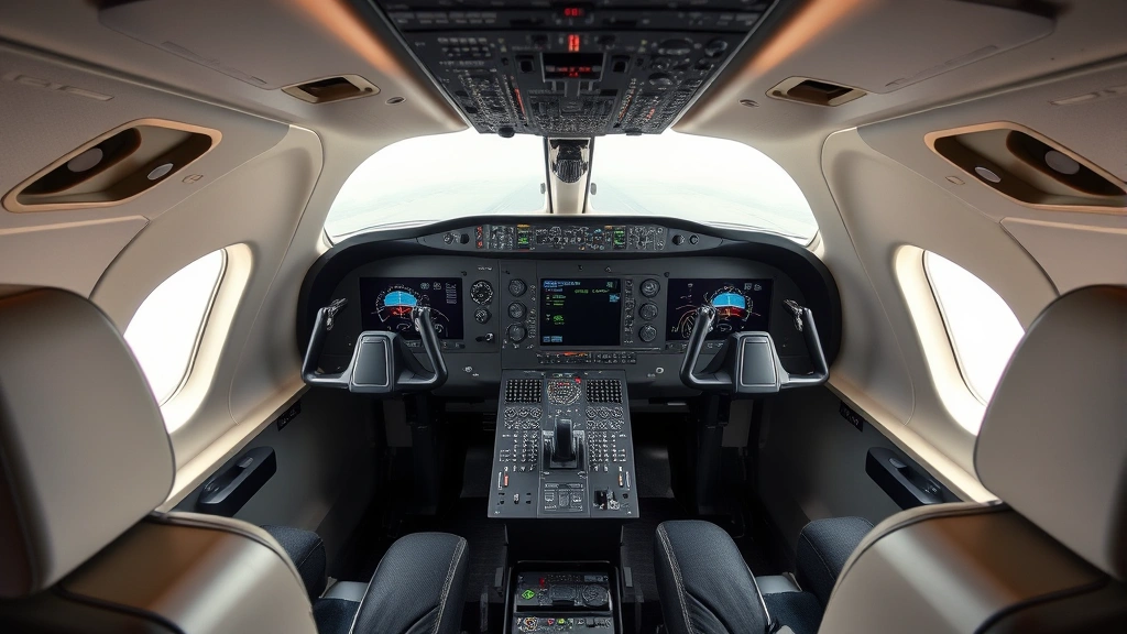 Cockpit interior of Bombardier CRJ-100 regional jet showing instrument panel, runway selection controls, and flight instruments with crew visible in seats, professional aviation photography