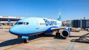 Modern Boeing 737 aircraft in Blue Air livery parked at a European airport terminal, bright daylight, professional aviation photography