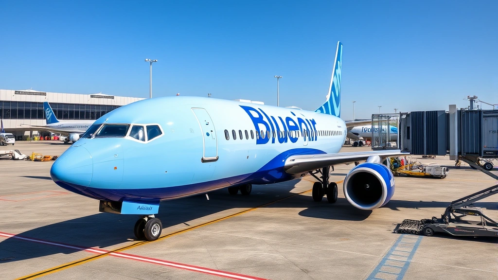 Modern Boeing 737 aircraft in Blue Air livery parked at a European airport terminal, bright daylight, professional aviation photography