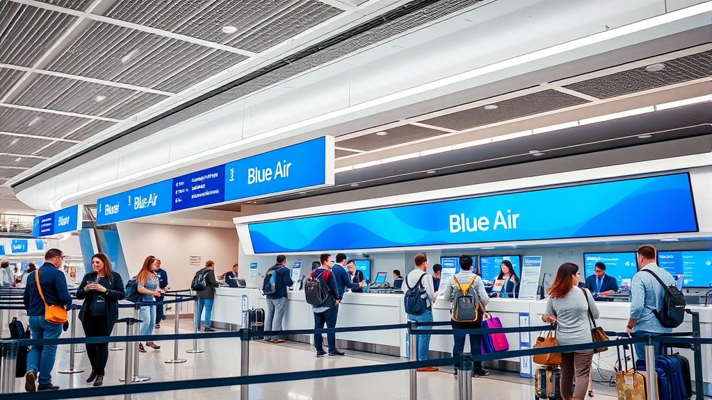 Busy airport check-in counter with passengers and staff, Blue Air branding visible, modern airport terminal interior, realistic travel scene