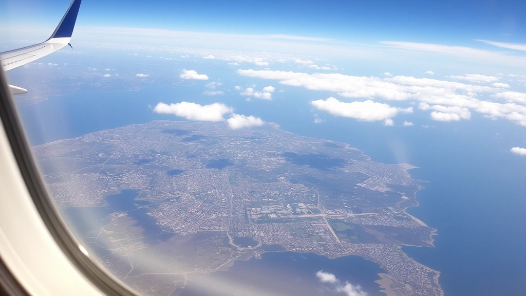 Aerial view of European cities and coastline from airplane window, sunny weather, diverse landscape showing Blue Air's European route network