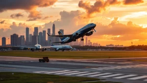 Commercial airplane taking off from runway at Houston airport during golden hour with city skyline visible in background, dramatic cloudy sky