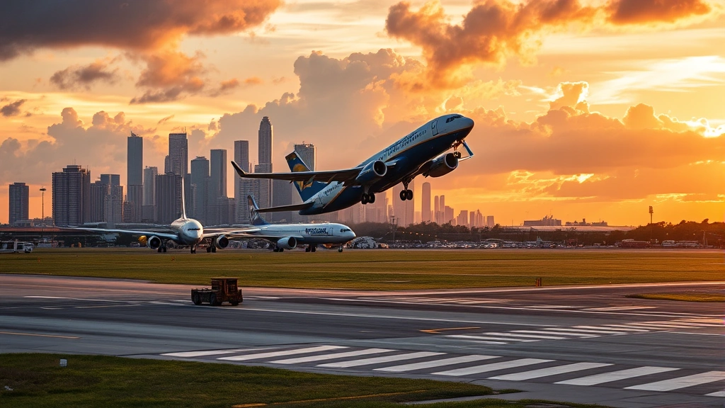 Commercial airplane taking off from runway at Houston airport during golden hour with city skyline visible in background, dramatic cloudy sky